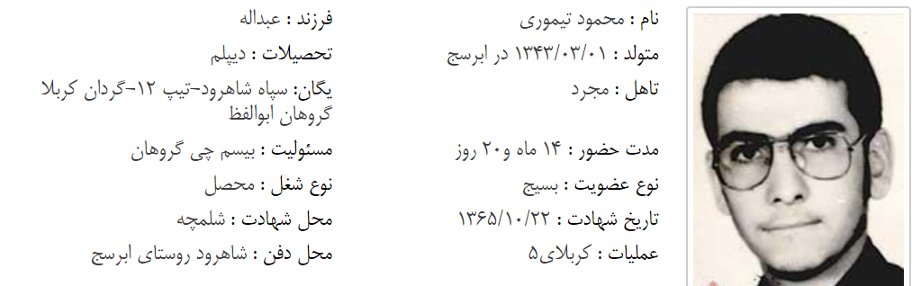 مشخصات شهید محمود تیموری ابرسج
